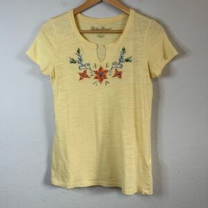 Lucky Brand Yellow Short Sleeve Split Neck Floral Embroidered T Shirt Size Small